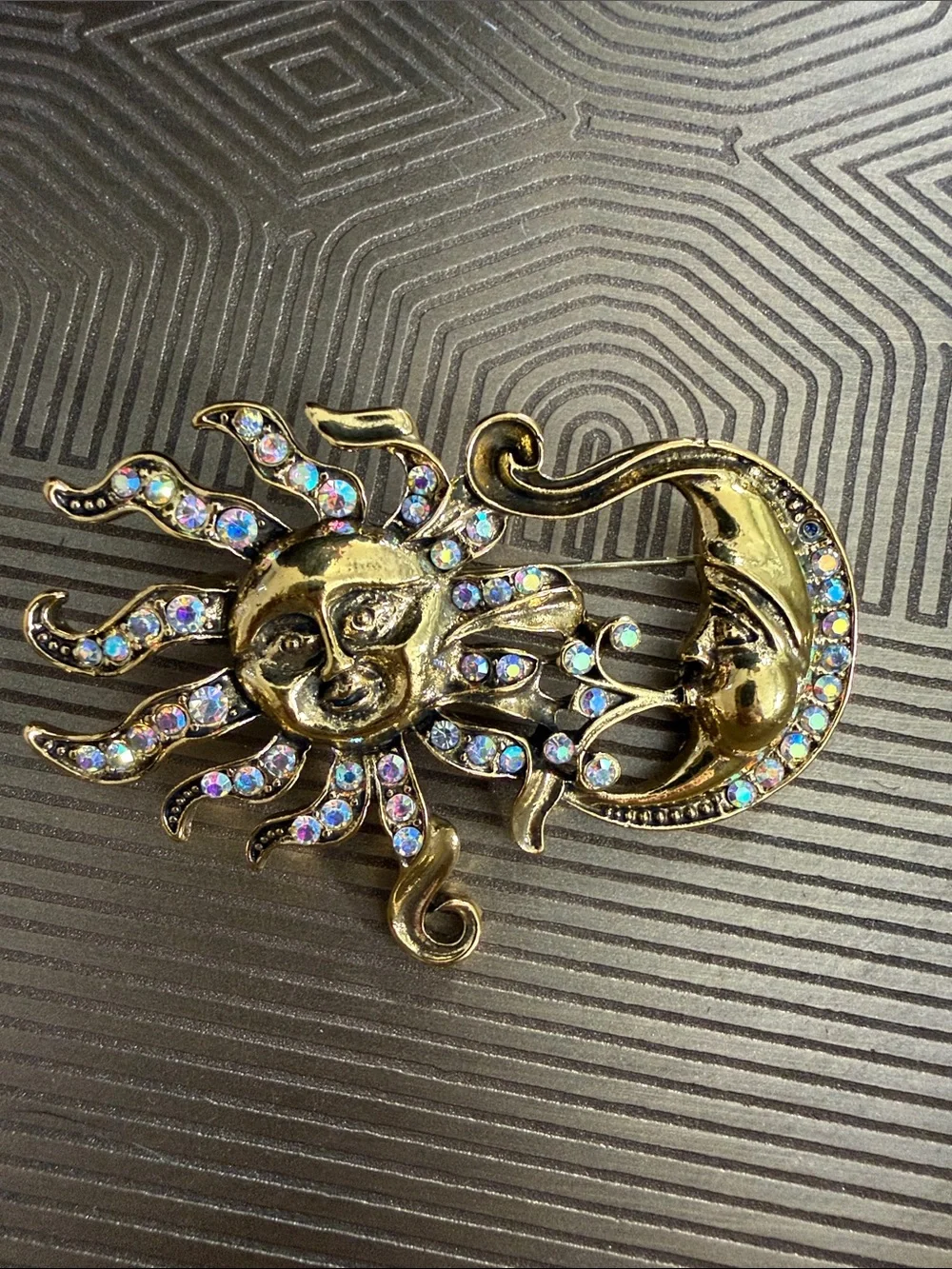 Vintage Celestial Moon and Sun  Rhinestone Brooch